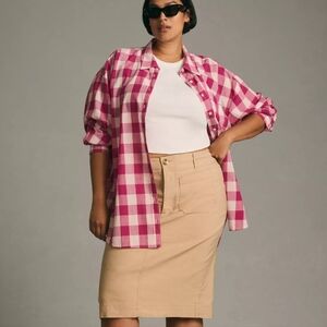 Maeve Anthro Gingham Button Front Blouse Oversize Long Sleeve NWT Magenta XL